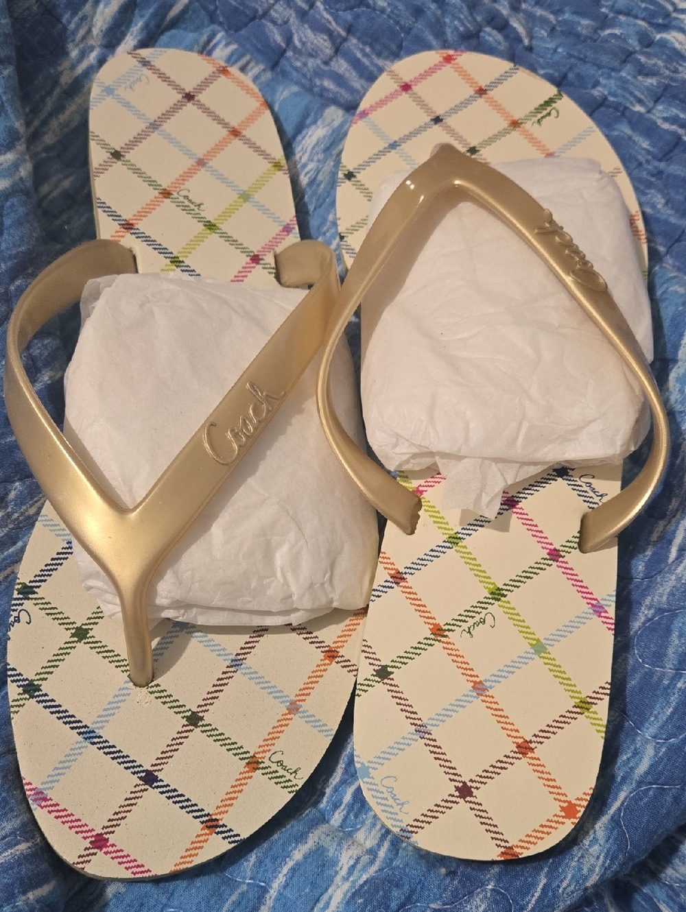 Coach Gold-Strap Plaid Footbed Flip Flops